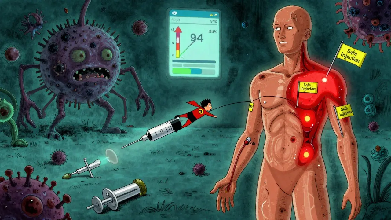 A glowing body map shows safe injection sites as a superhero drops safety flags, while a bacteria monster rises from a discarded needle.