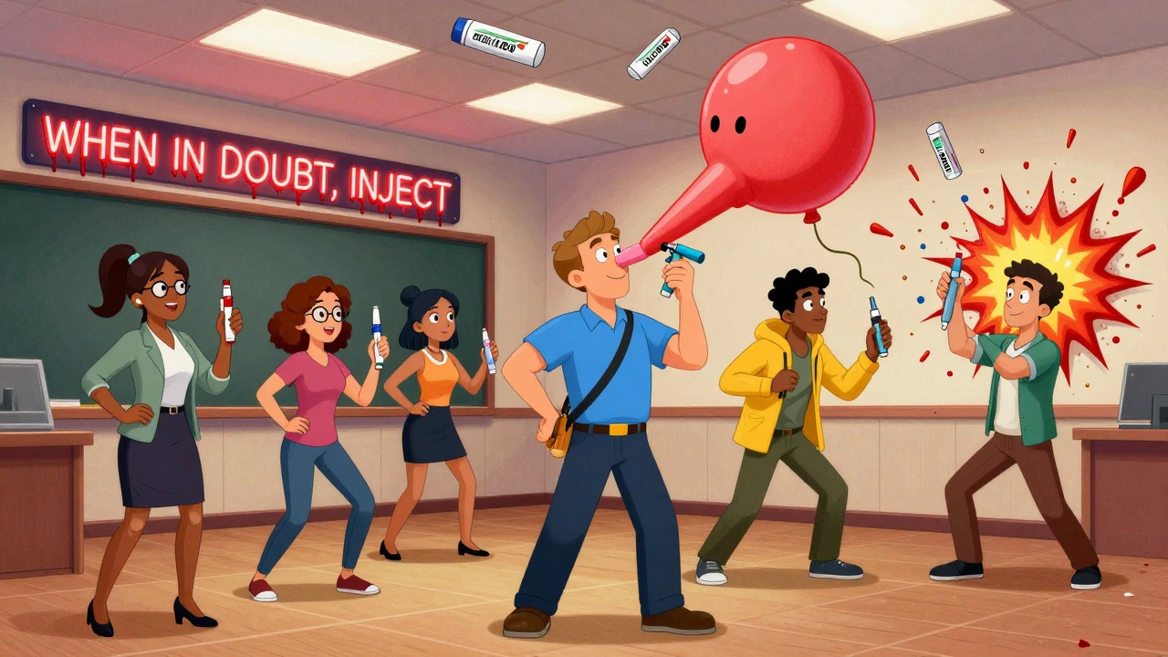 A group practices using different epinephrine devices in a surreal training room with exaggerated visual effects.