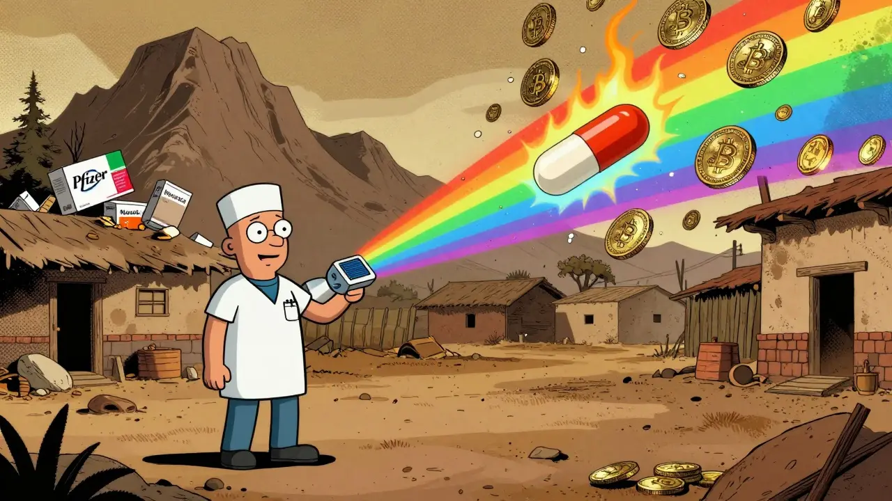 A health worker tests a fake pill with solar tech, revealing a skeleton inside as counterfeit boxes collapse into coins.