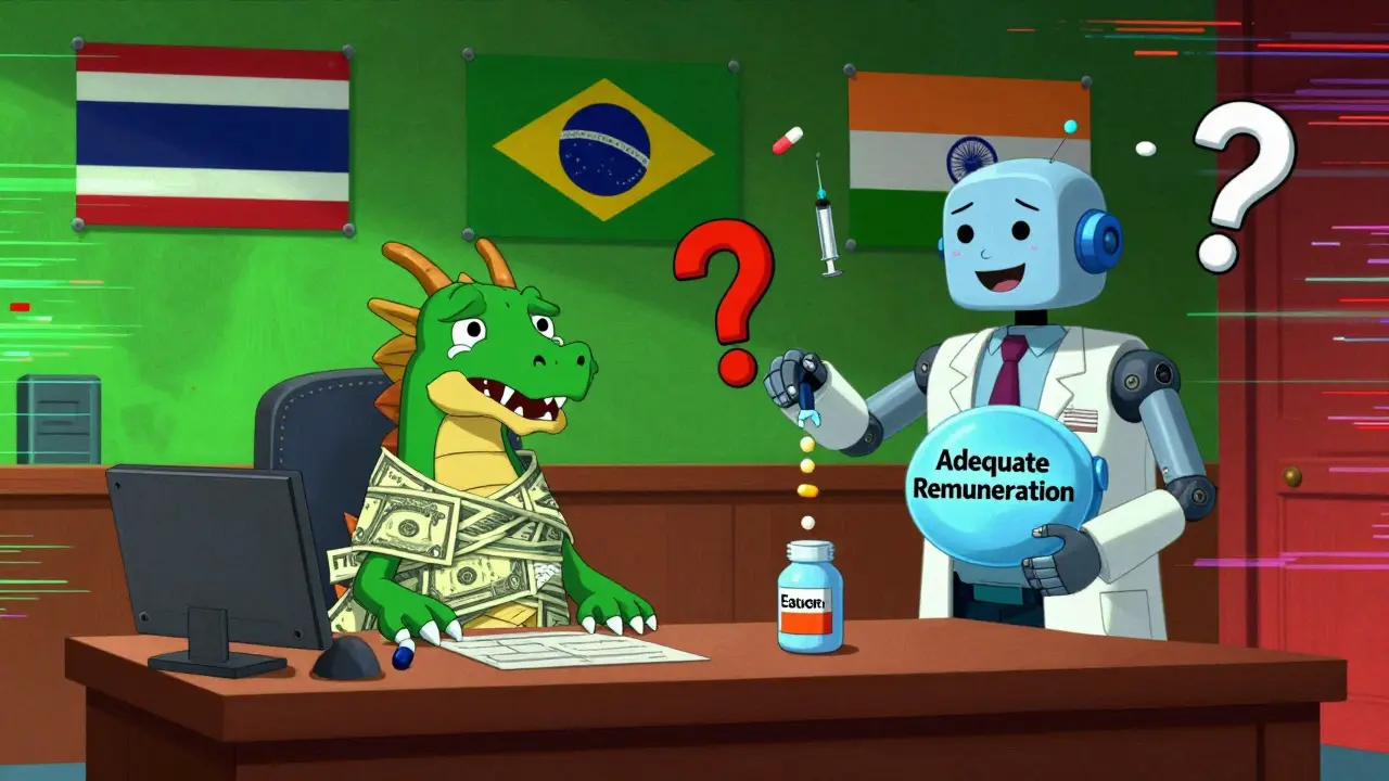 A judge facing a patent dragon while a robot produces affordable pills.