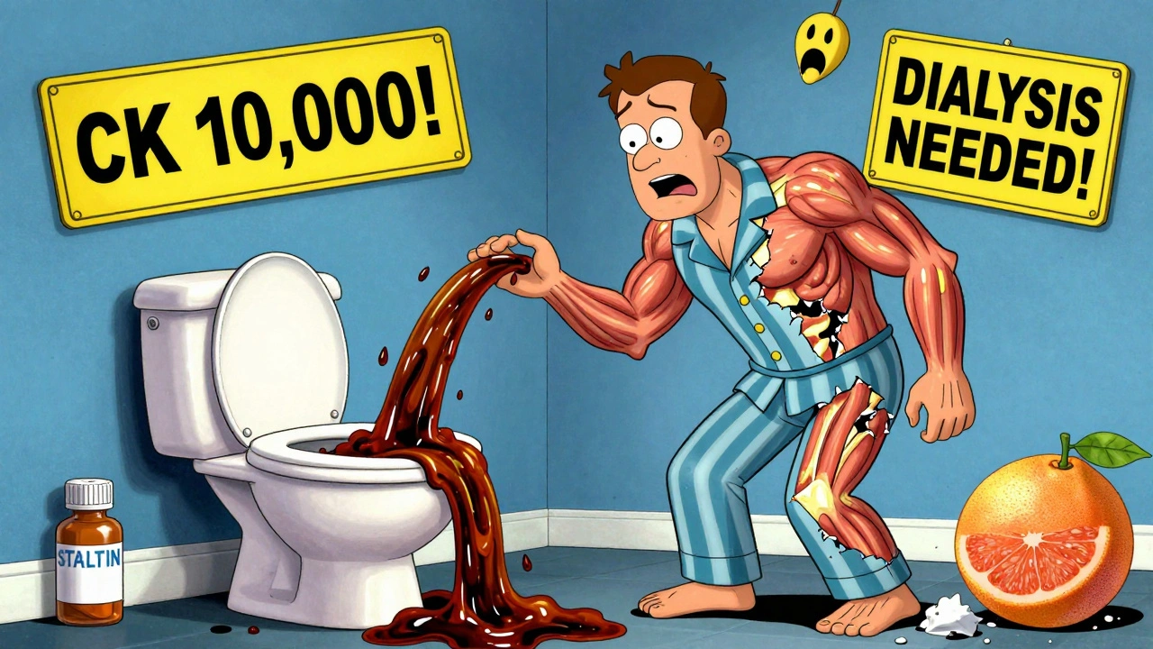 A man watches his urine turn dark as lava, his body cracking as statin pills and a giant grapefruit loom nearby.