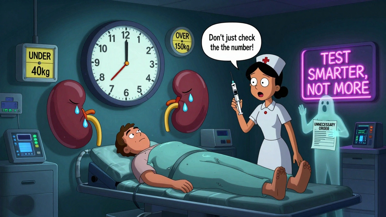 A massive trauma patient in an ER with floating medical warnings, a screaming kidney, and a nurse whispering to avoid unnecessary tests.