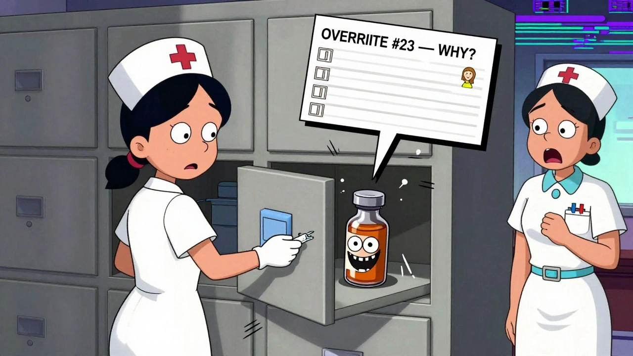 A nurse grabs the wrong drug from an ADC, with a sneaky vial grinning as overrides flood the screen.