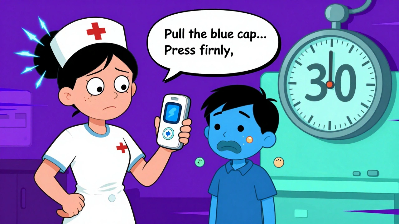 A nurse watches an Auvi-Q device give voice instructions as a student shows severe allergic reaction symptoms.