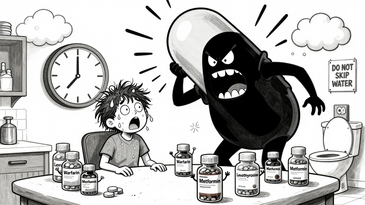 A panicked patient surrounded by pill bottles as a giant tablet looms, with a clock warning of 4-hour dosing gaps.