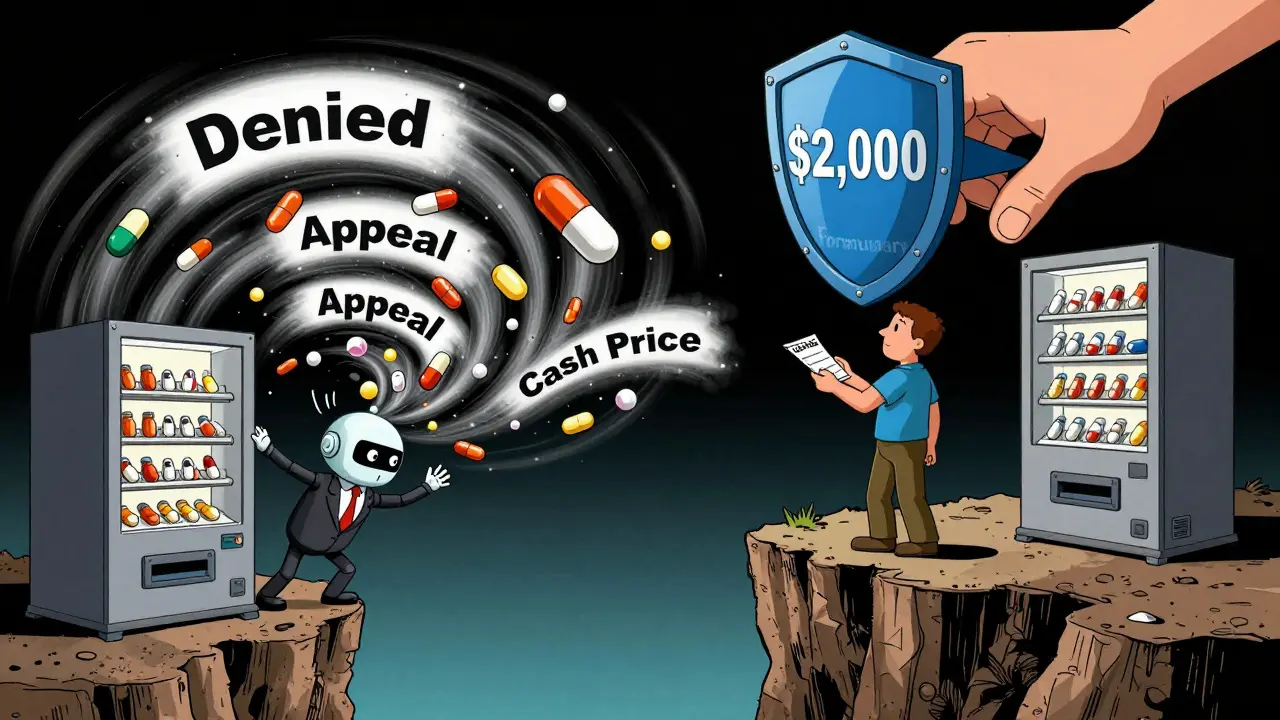 A patient at a cliff edge surrounded by swirling pill vortexes, with a giant ,000 cap shield dropping from above.