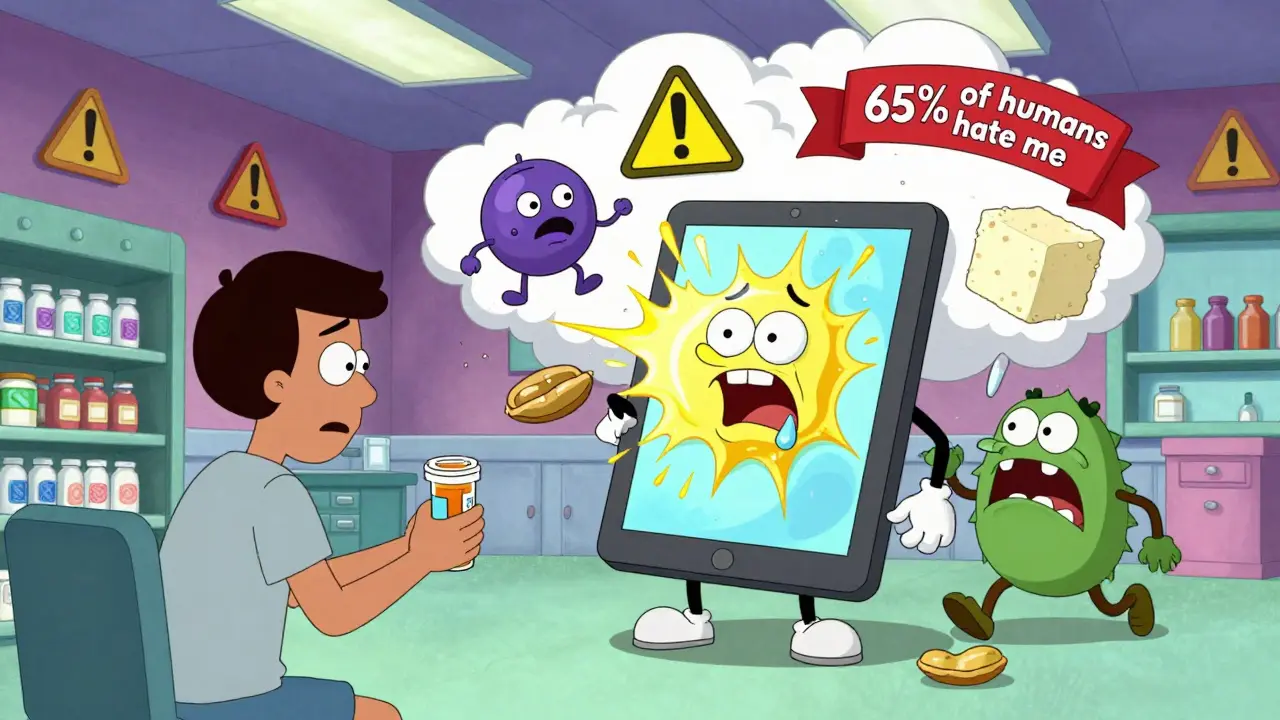 A patient holding a pill as it explodes into cartoon gluten, peanut oil, and dye monsters in a psychedelic pharmacy.