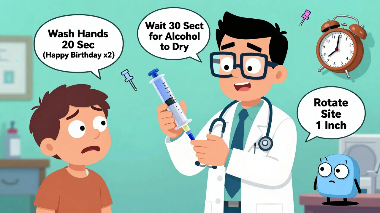 A pharmacist demonstrates injection technique using a giant trainer pen, with floating animated instructions and chaotic medical elements.