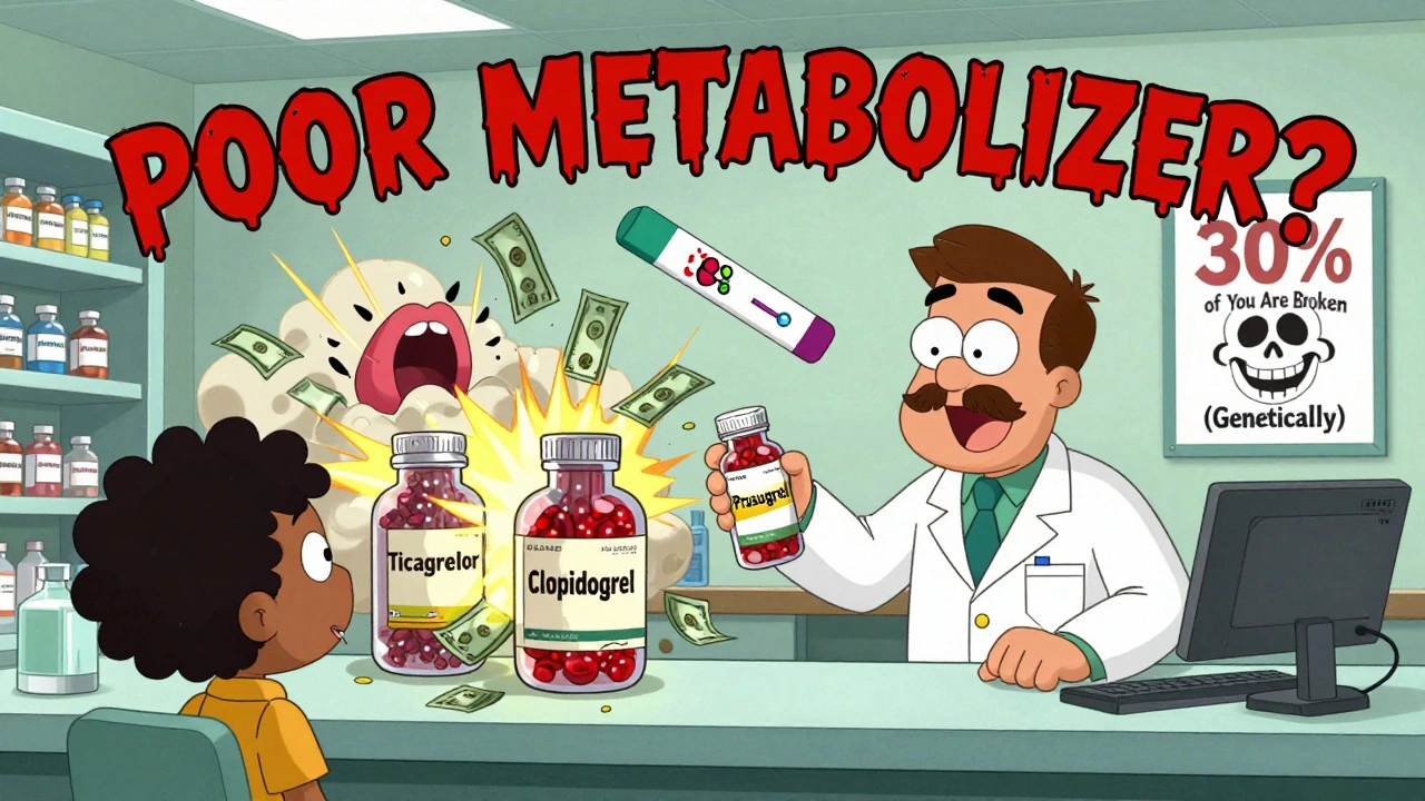A pharmacist handing a cheap clopidogrel bottle while expensive pills explode into breathless lungs and cash in a chaotic pharmacy.