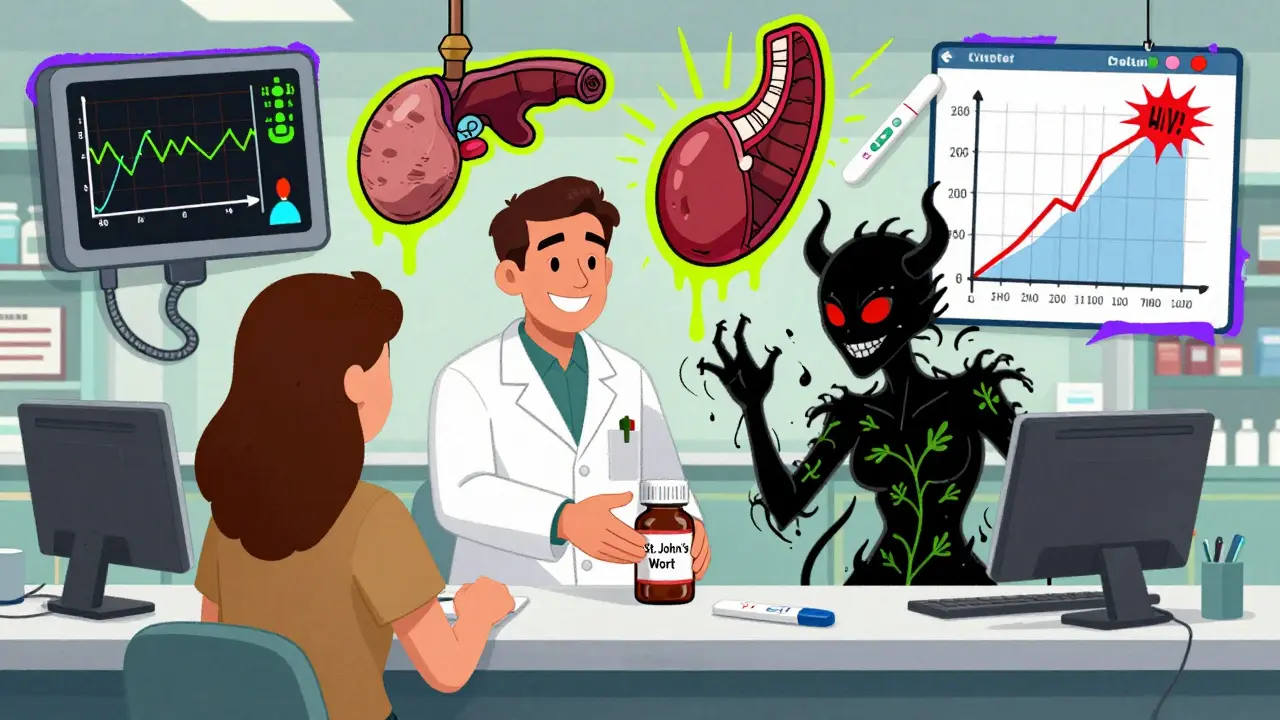 A pharmacist handing out St. John’s Wort while chaotic medical disasters unfold behind them in neon cartoon style.