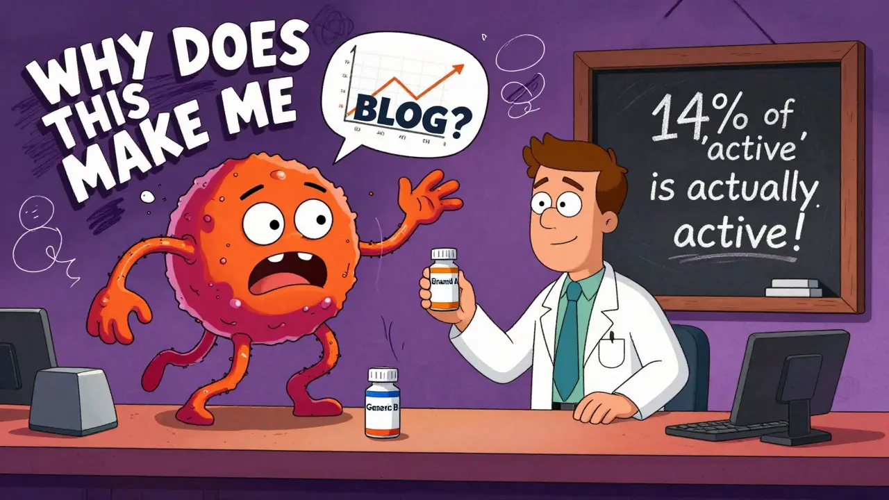 A pharmacist holding two pills with angry protein molecules reaching out, surrounded by floating scientific warnings.