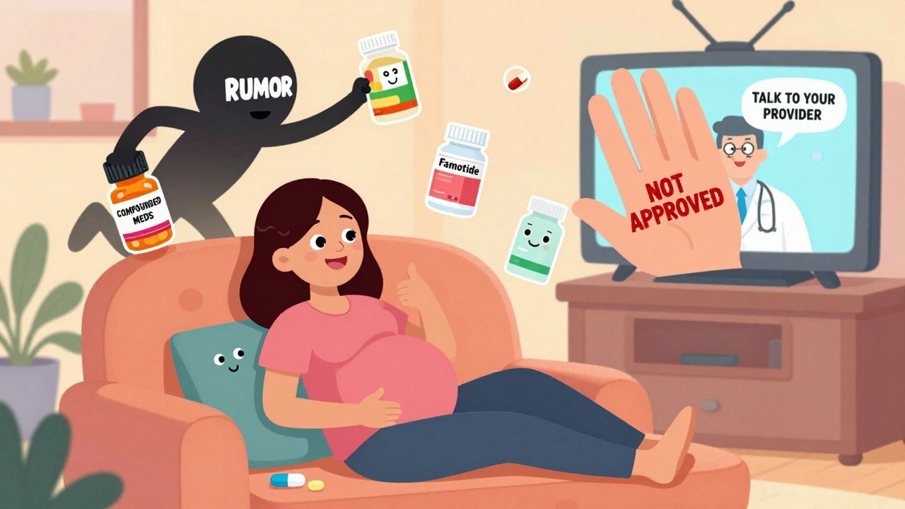 A pregnant woman surrounded by smiling generic medications, while a shadowy figure tries to sneak away with unapproved compounded drugs.