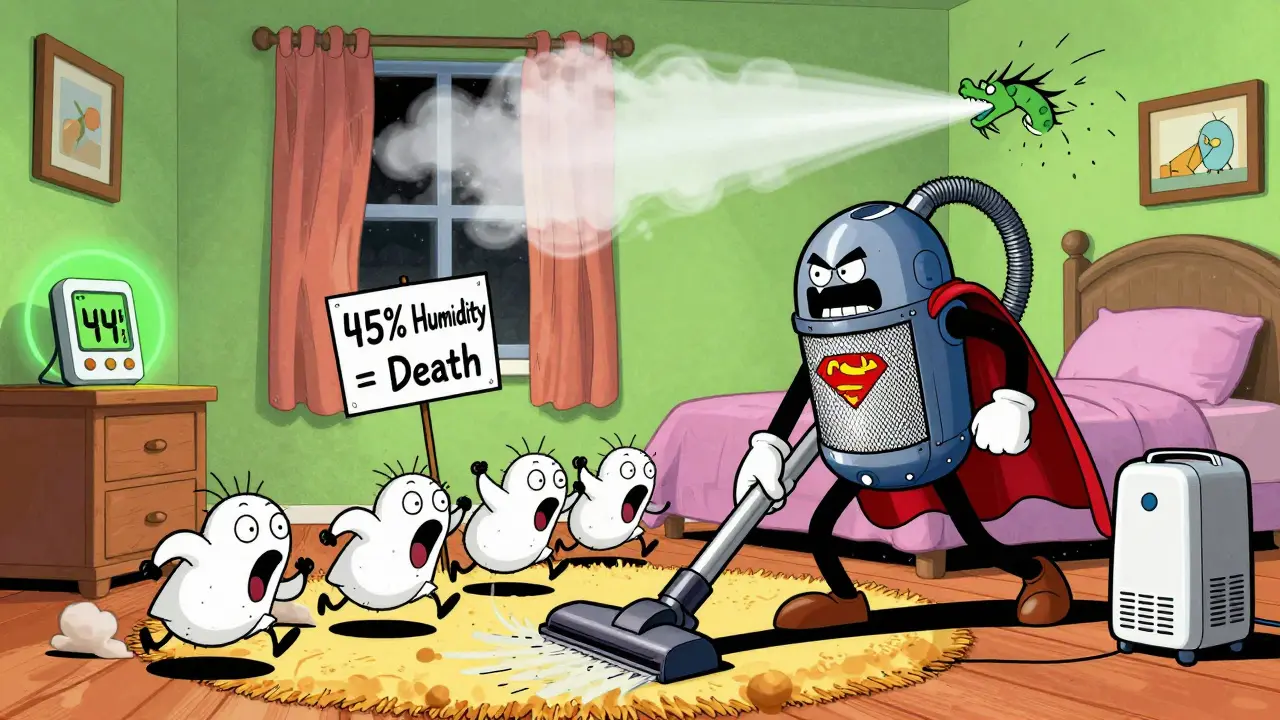 A superhero HEPA vacuum fighting fleeing dust mites while a hygrometer shows 44% humidity.