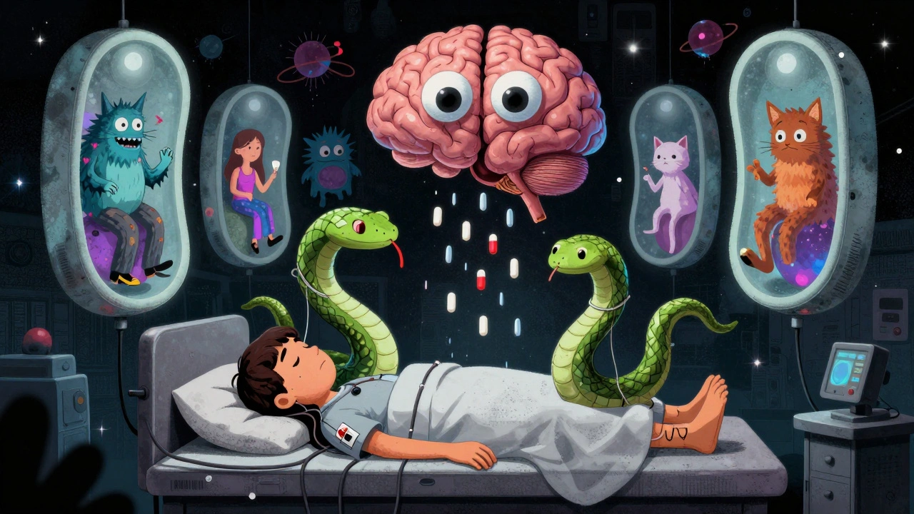 A surreal sleep lab with dream snakes, a giant brain raining pills, and hallucinating patients in floating pods.