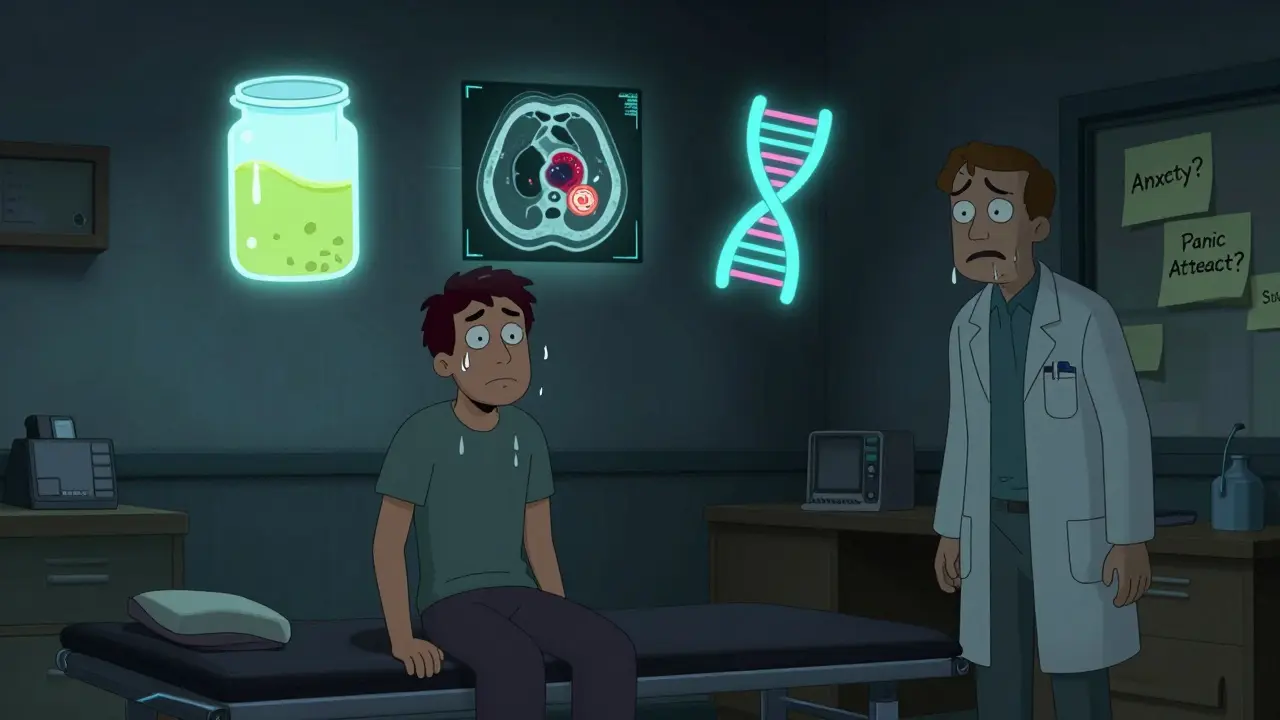 A sweating patient in a doctor's office surrounded by floating diagnostic icons of urine tests, CT scans, and mutant DNA.
