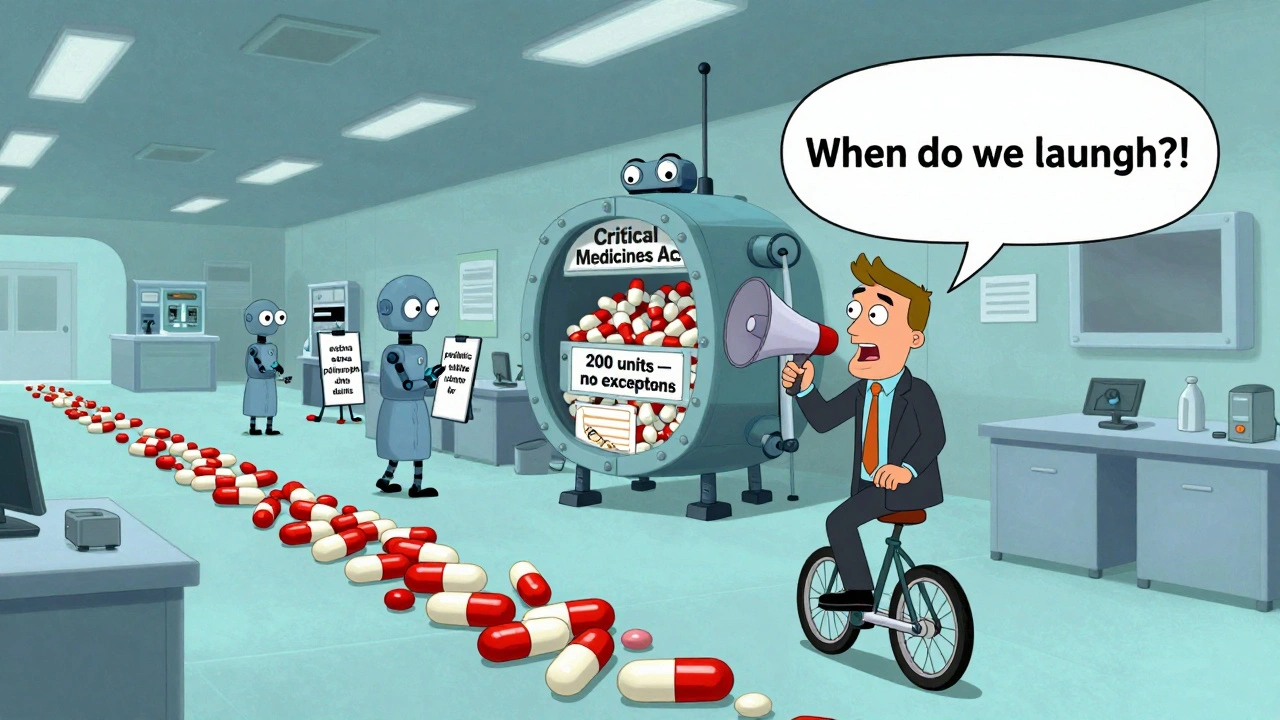 Absurd cartoon assembly line with robotic inspectors, a pill vault, and a CEO on a patent unicycle.