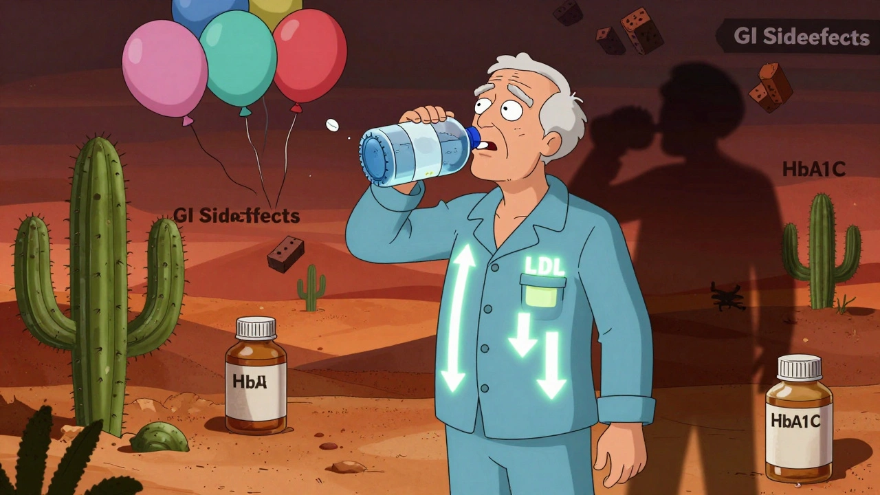 An elderly man drinking water with applesauce as cholesterol and blood sugar drop, while GI side effects throw bricks behind him.
