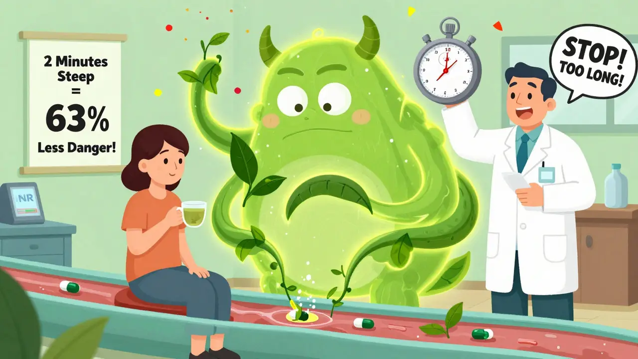 Cancer patient drinking green tea as tea tentacles attack chemotherapy drug in bloodstream.