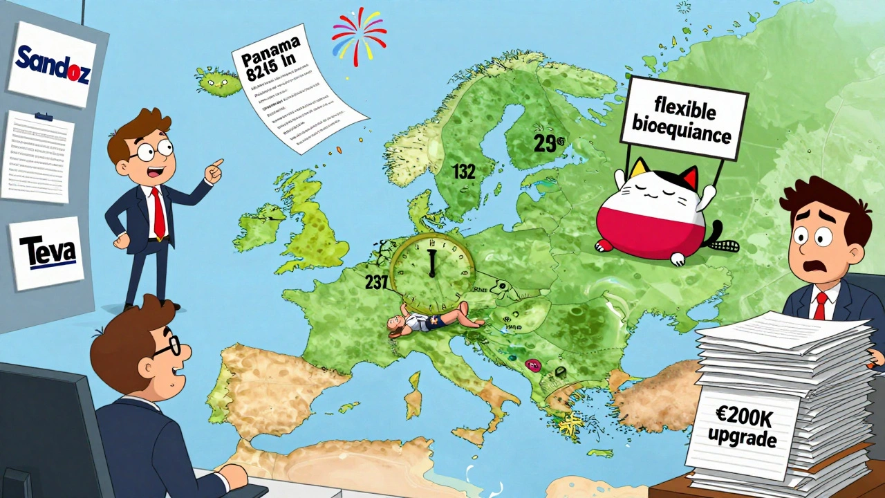 Cartoon EU regulators arguing over a map, with clocks, paperwork, and a glowing 2025 law raining down.