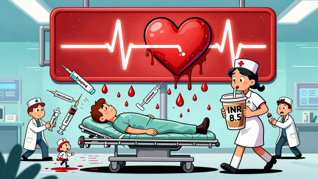 Chaotic ER scene with patient being rushed, giant bleeding heart warning sign, doctors holding reversal agents