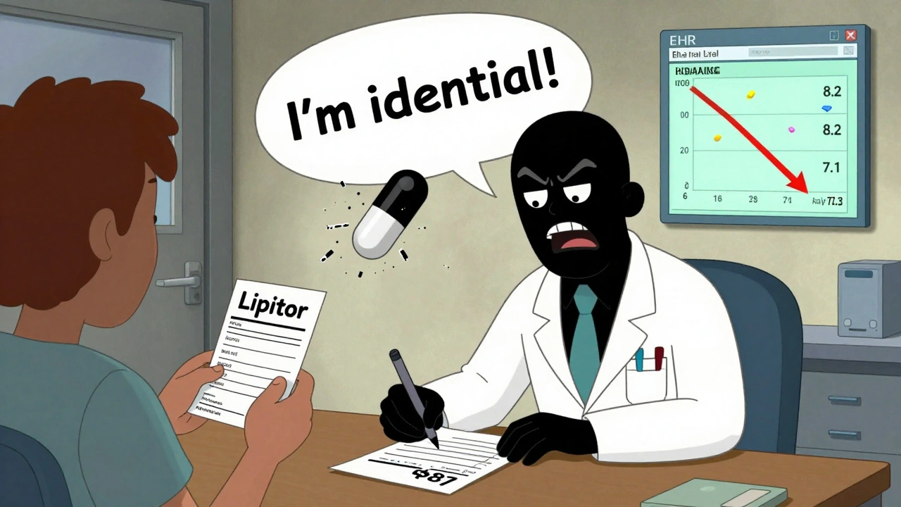 Doctor writing brand-name prescription as a talking generic pill protests, while EHR data shows patient improvement.