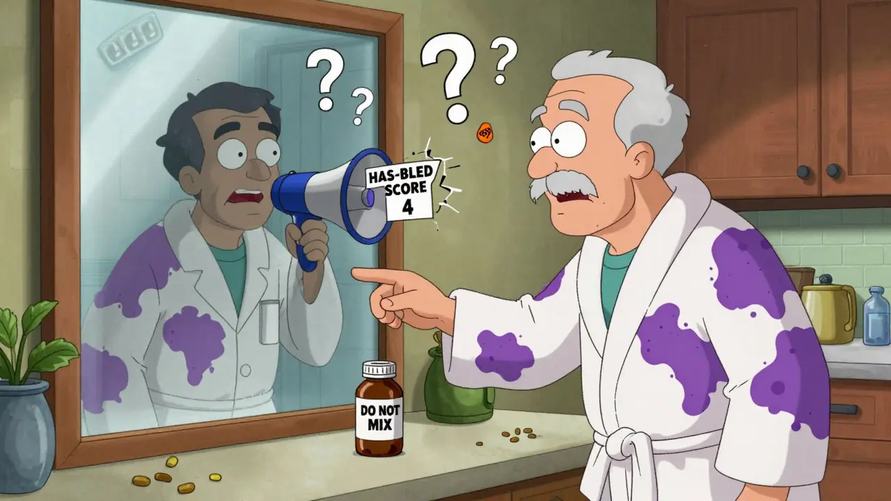 Elderly man sees bruised body in mirror, aspirin bottle in hand, shadowy figure whispers HAS-BLED score