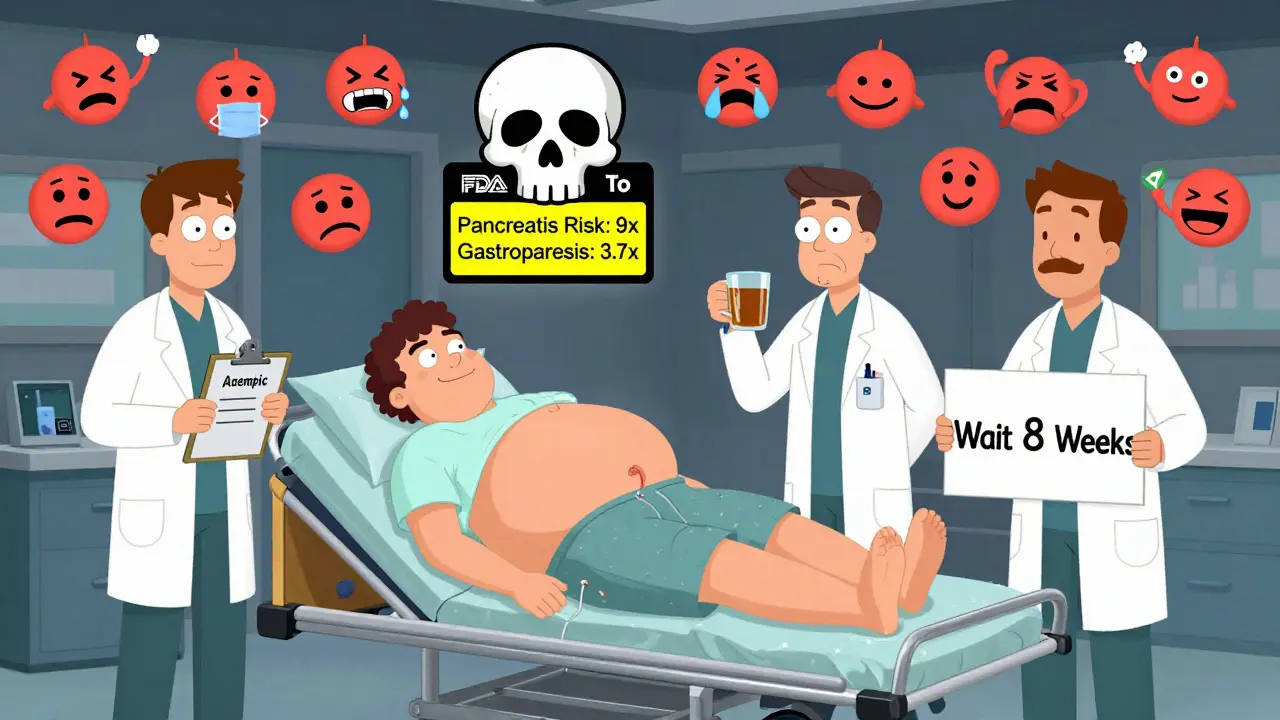 ER scene with swollen gut patient and floating medical risk signs in surreal style.