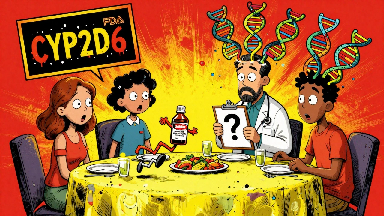 Family at dinner as codeine syrup runs away, DNA tentacles burst from heads, FDA warning floats above.