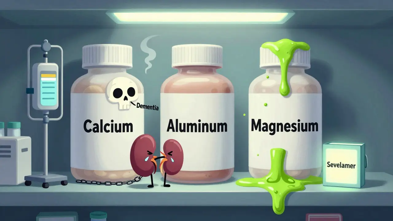 Giant antacids looming over a chained kidney, with prescription binder glowing in corner.