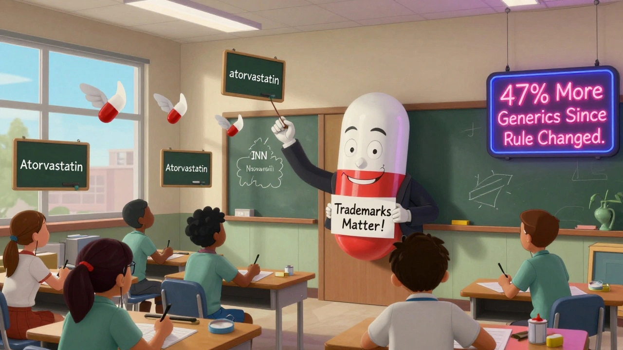 Medical students forced to write generic drug names as flying pills escape, while a smug brand-name pill blocks the door.