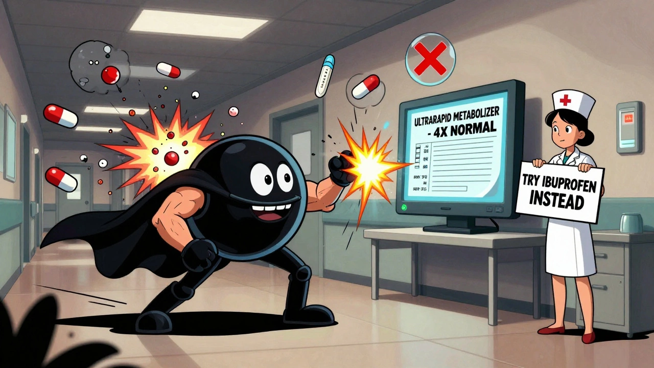 Morphine hero fights codeine pills in hospital, genetic test shows ultrarapid metabolizer, ibuprofen sign held up.