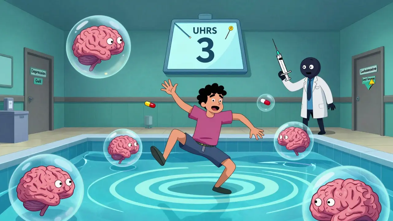 Person dancing in pool with floating brain bubbles and UHDRS scale, exaggerated chorea movements