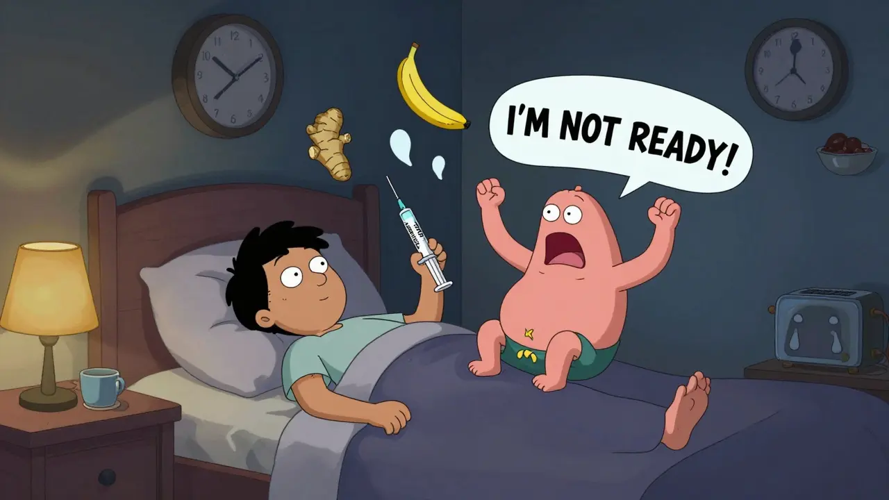 Person in bed with talking stomach and floating food ghosts under nightlight.