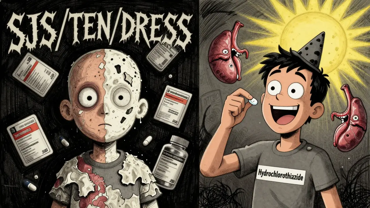Split scene: one side shows severe skin reaction from drugs, the other shows safe medication with sunlight, in warped cartoon style.