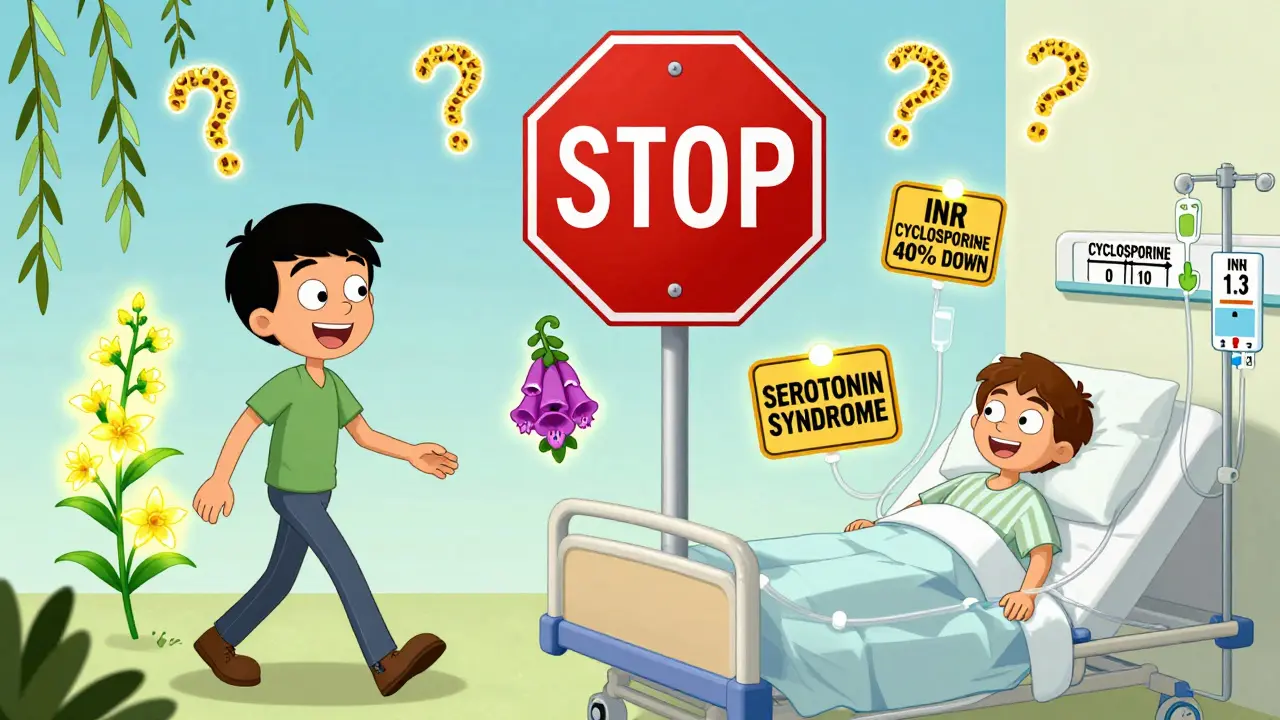 Split-screen cartoon: happy herb user vs. same person in hospital with warning labels floating around.