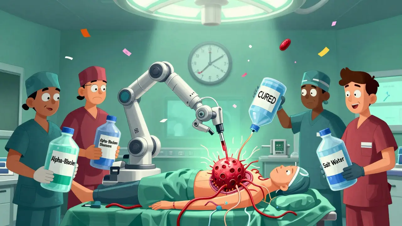 Surgeons removing a pulsing tumor with robotic tools while pouring salt water and blockers into the patient during surgery.