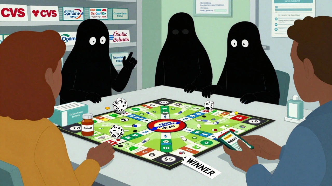Three PBM bosses playing a board game to exclude cheap generics in favor of branded drugs.