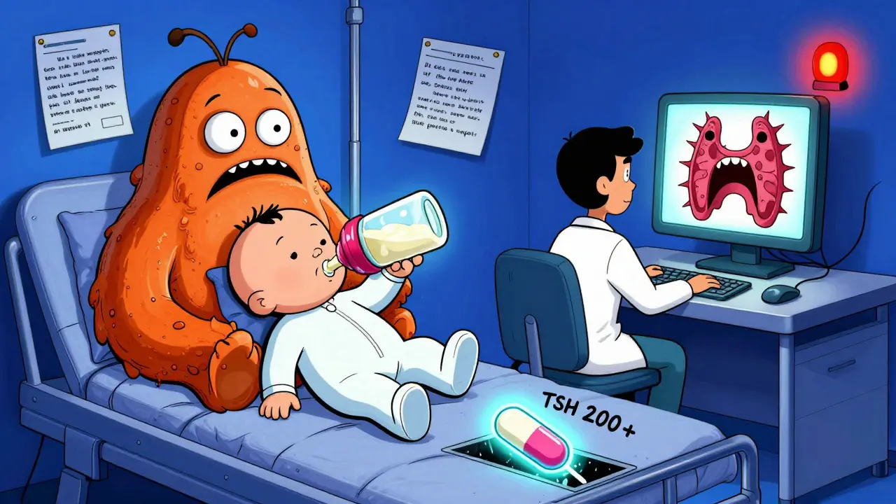 A baby being fed soy formula while a thyroid monitor screams with dangerously high TSH levels.