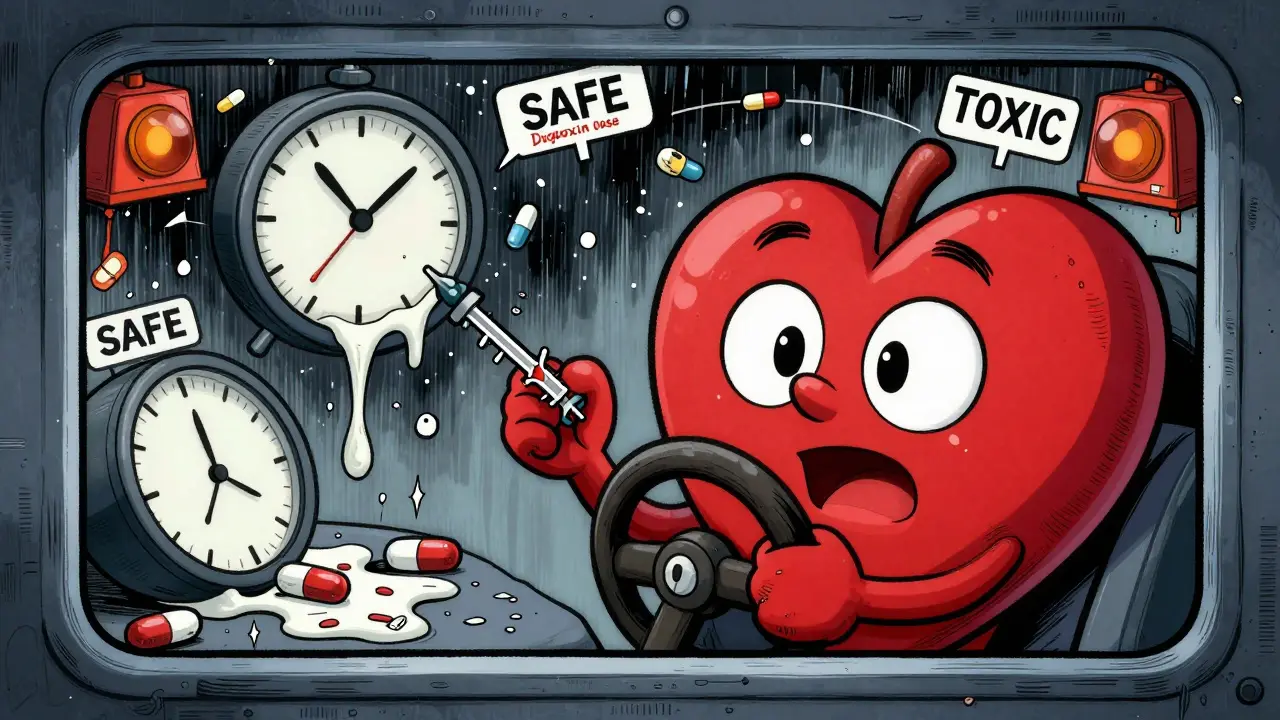 A cartoon heart with a steering wheel has its dose needle dangerously close to the toxic zone, surrounded by chaotic pill debris.