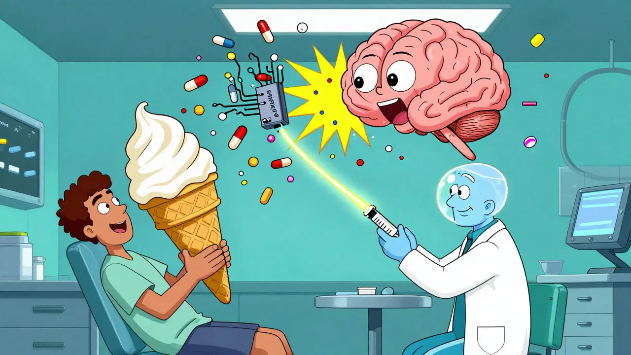 A chaotic ER scene with a cooling ice cream cone and exploding brain, pills falling like bombs.