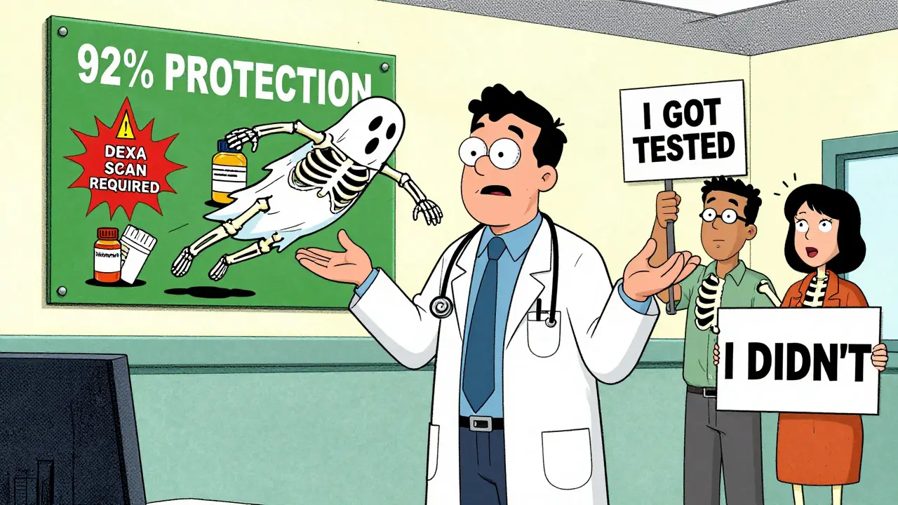 A doctor shrugging as a patient's skeleton flies out, while a clinic wall shows a 92% protection sign and alert pop-ups for bone scans.