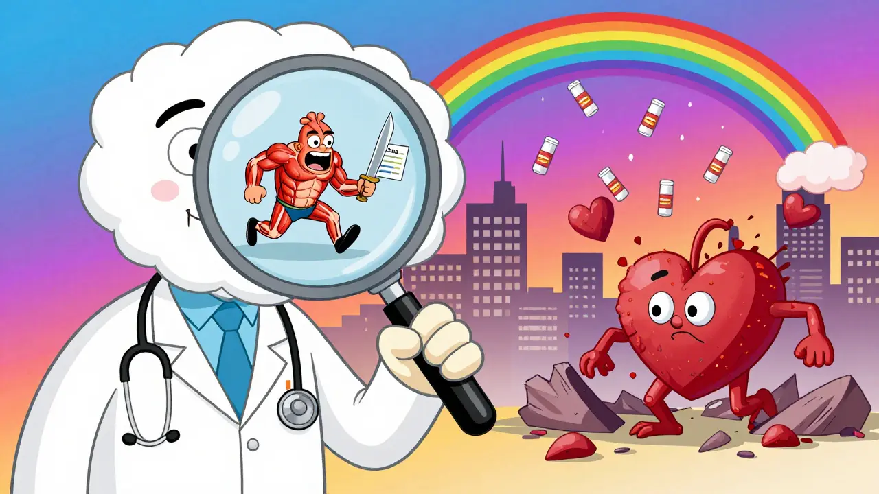 A doctor uses a magnifying glass to reveal a patient inside a thought bubble, being rescued from a pain monster by a data superhero.