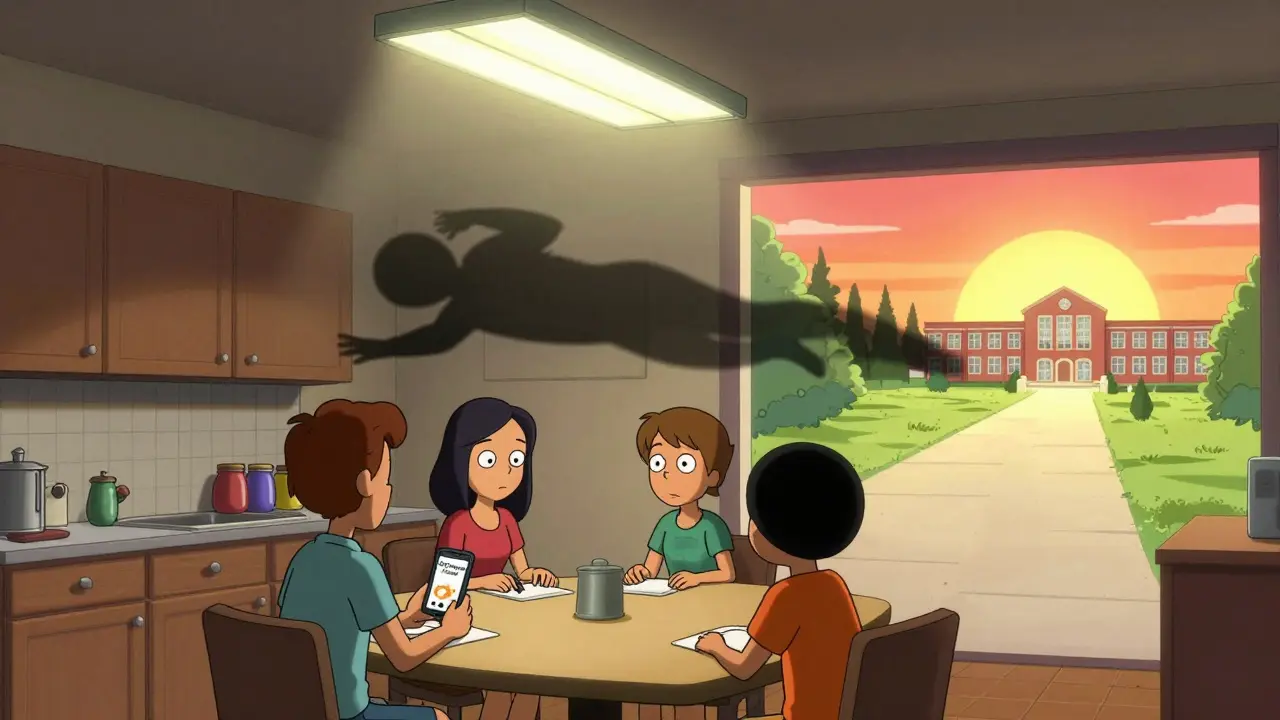 A family at a kitchen table as a dark shadow fades and a hopeful path emerges toward future goals.