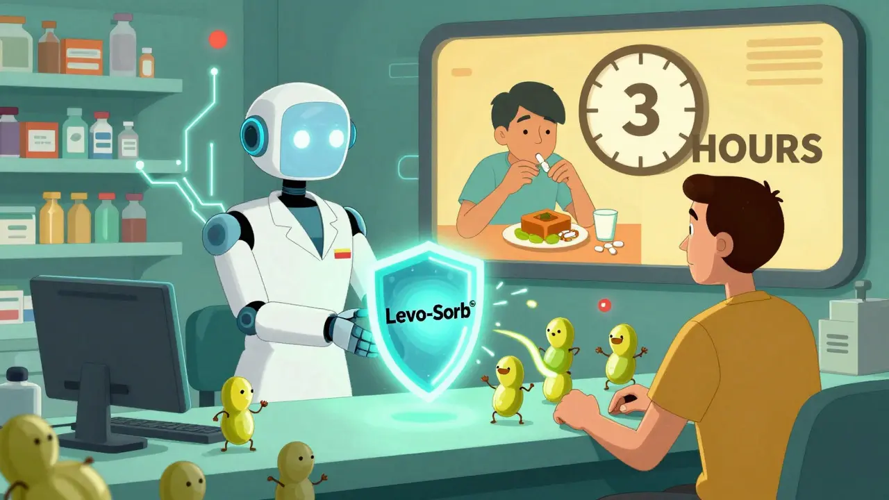 A futuristic pharmacy gives a special pill that repels soybeans, with a clock showing 3-hour separation.