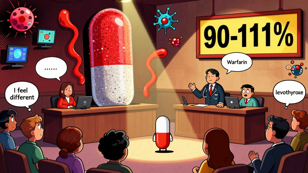 A generic pill on trial against a brand-name pill in a surreal courtroom with confidence intervals.