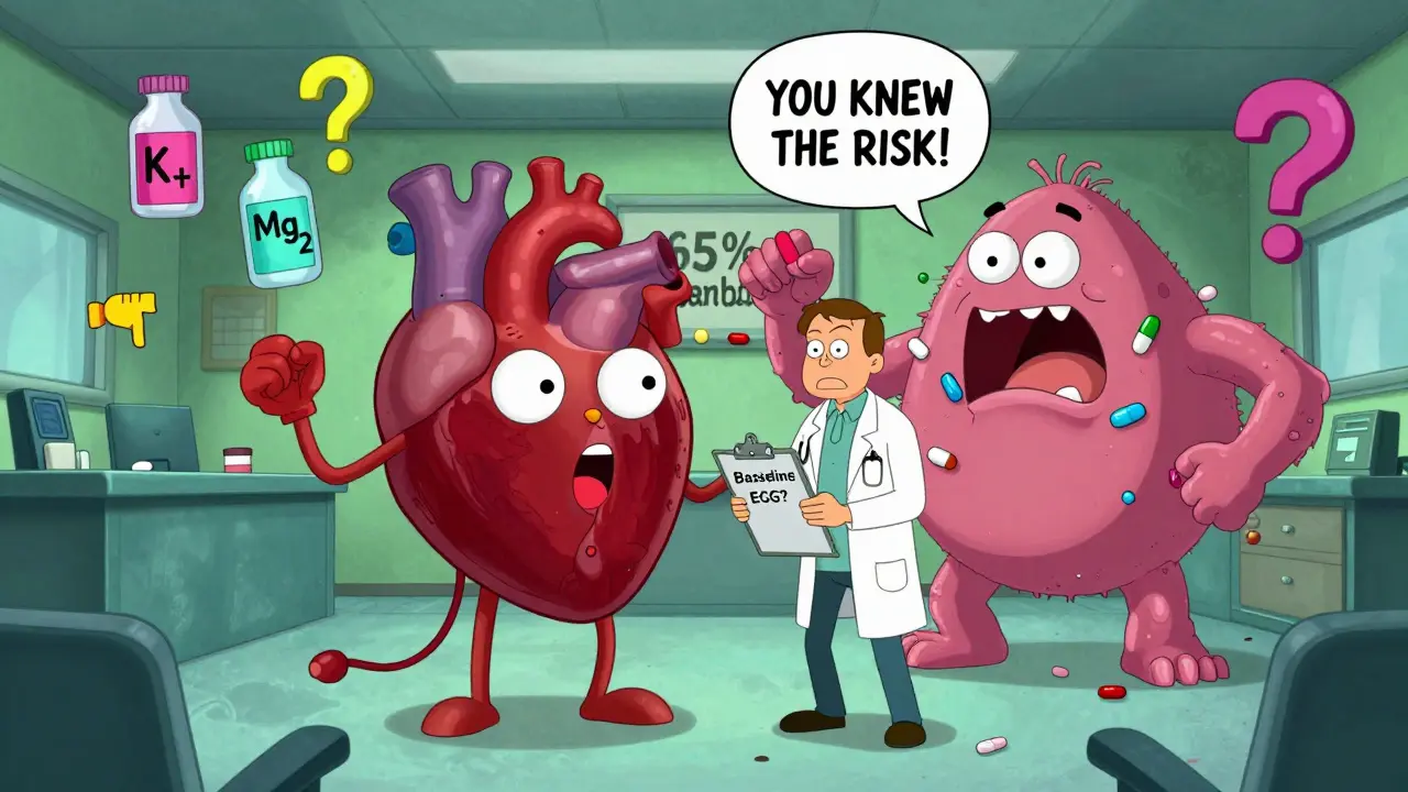 A giant heart on trial in a surreal courtroom, prosecuted by a pill monster, with electrolyte bottles as jurors.