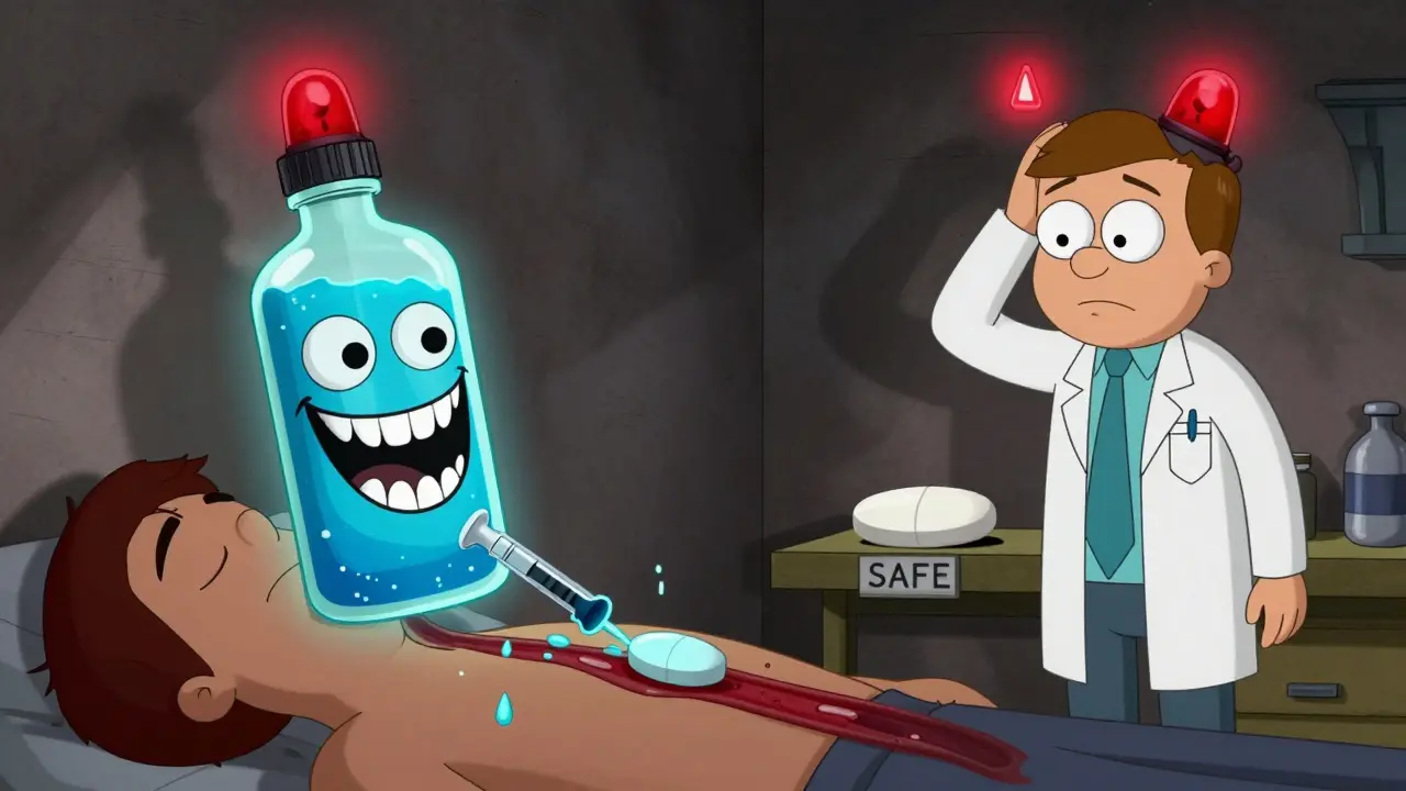 A menacing cough syrup bottle injecting blue liquid while a safe morphine pill sits untouched on a shelf.