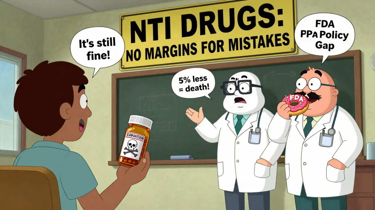 A patient holds an expired pill bottle as three absurd doctors argue over a chalkboard labeled 'NTI Drug Safety'.