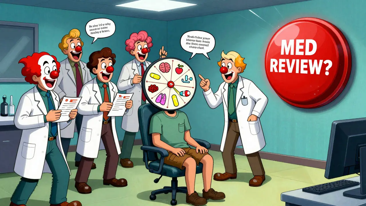 A patient overwhelmed by five specialists in a surreal clinic, their head spinning with medication icons.