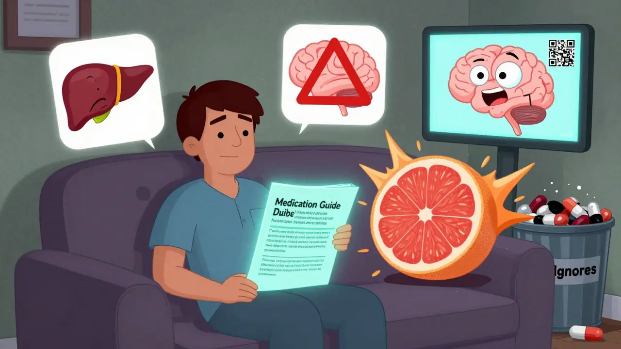 A person sits with animated health warnings and a QR code projecting a talking pill video from their Medication Guide.